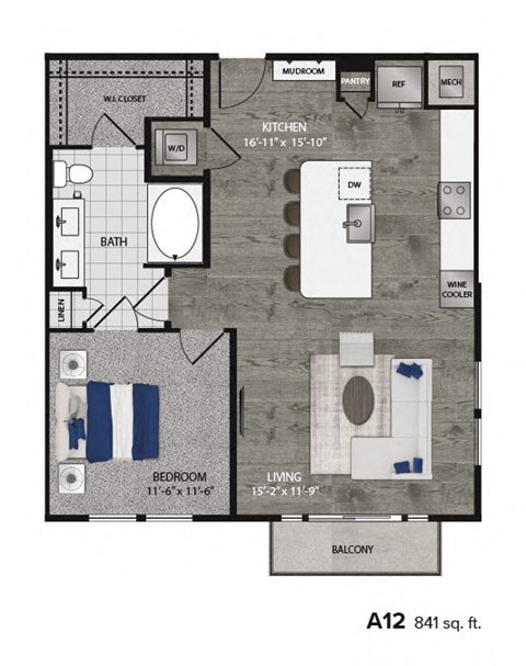 Floor plan for 1 bed, 1 bath, 841 sqft